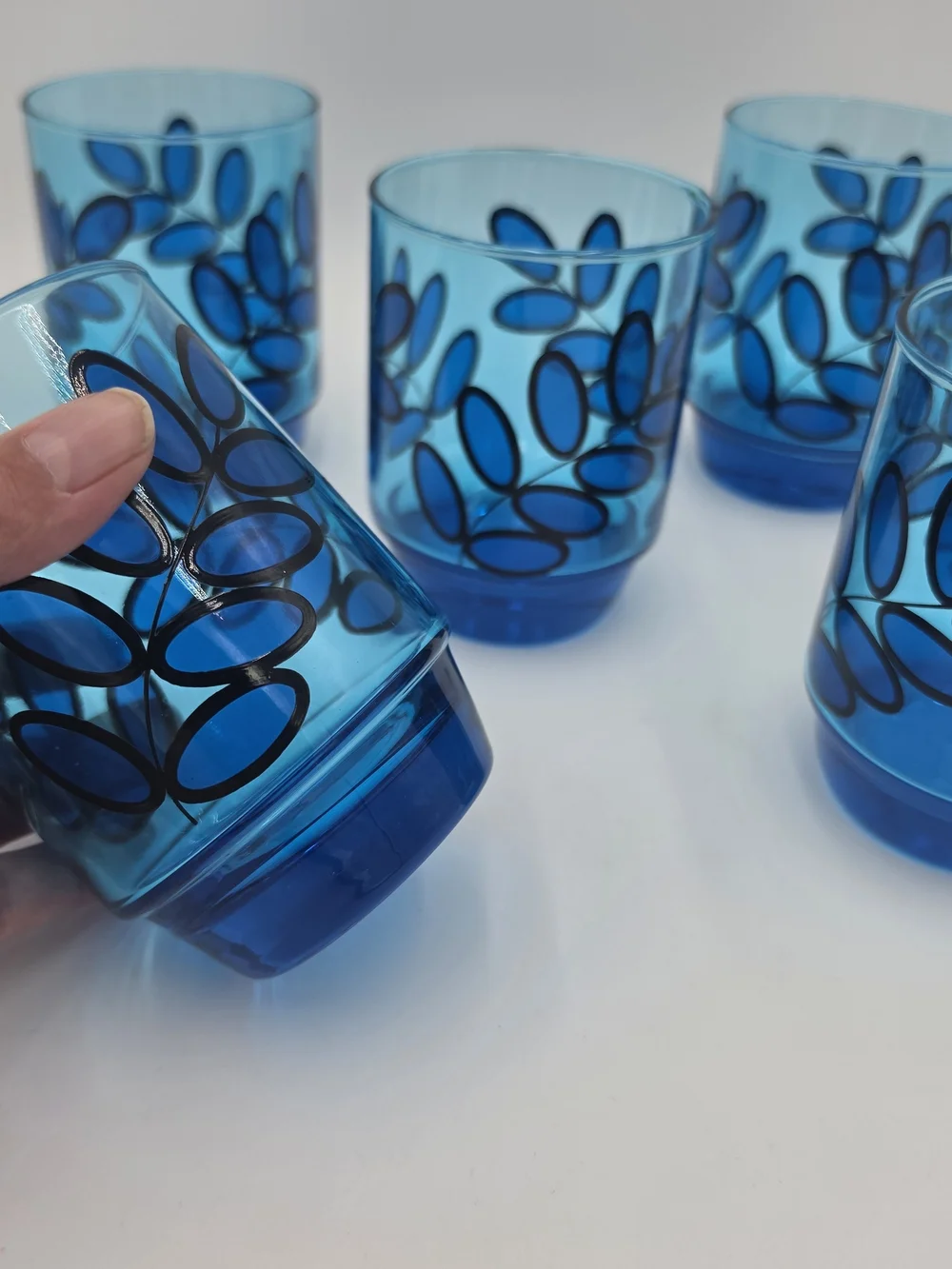 Vintage Mid‑Century J. Wm. Hale Cobalt Blue Leaf Print Lowball Glasses – Set of